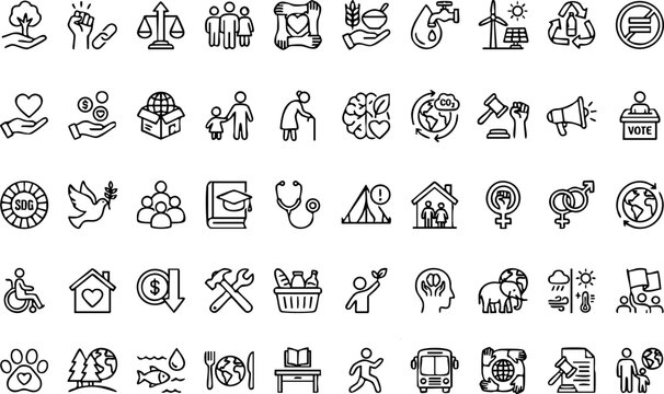 Collection of social issues and human rights vector icons with humanity equality community