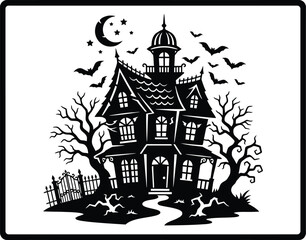 Obraz premium Spooky haunted mansion silhouette with bats flying under crescent moon