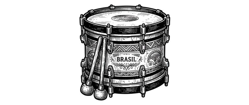 Vintage Drum with Mallets Engraving Style