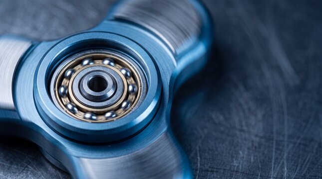 Metallic tri-blade fidget spinner resting on scratched grey steel surface featuring high precision ball bearing in center axis.