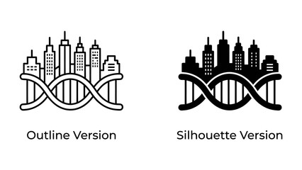 Obraz premium Urban Biology and Technology: A conceptual graphic illustrating the integration of city skyline architecture with a DNA helix structure, symbolizing the intersection of urban development.