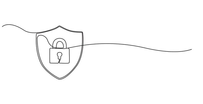 Shield animation continuous one line drawing, Video. A shield drawn in one continuous line. Protection sign concept. Animation on white background 4K, animation of a continuous lock drawing with one.