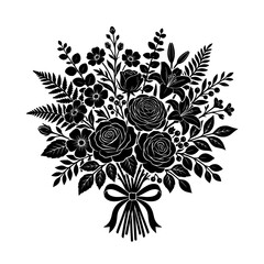 Fototapeta premium Bouquet of Roses with Leaves and a Ribbon in Black and White Illustration Featuring Floral, Design, Nature with Flowers