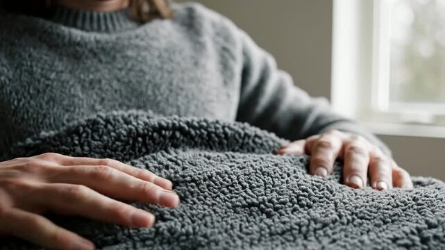 Close-Up Of A Person Practicing Grounding Technique With Hands Touching A Soft Blanket In A Serene Indoor Environment