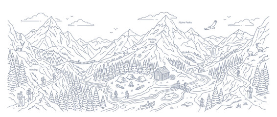 Fototapeta premium Panoramic Mountain Valley Line Art Illustration