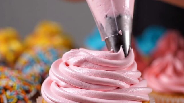 Close Up of Baker's Hands Piping Cream Frosting on Delicious Cupcakes with Colorful Sprinkles in a Vibrant Kitchen Setting