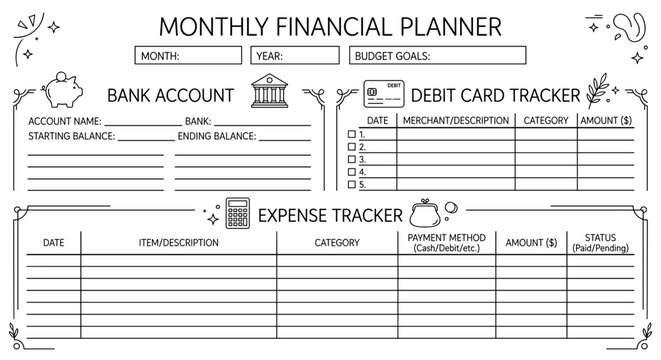Simple monthly financial planner template ready for budgeting tracking and money management organization