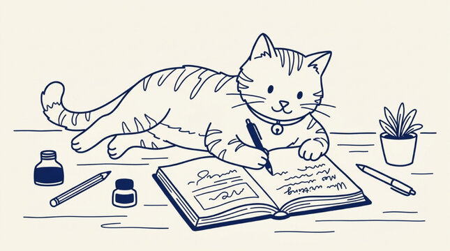 Cute cat writing in open notebook with ink bottle and pens on desk