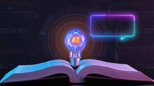 Shot of open book with glowing transparent lightbulb containing blue AI text and neon speech chat bubble icon. Dark background, artificial intelligence knowledge base and smart chatbot concept.