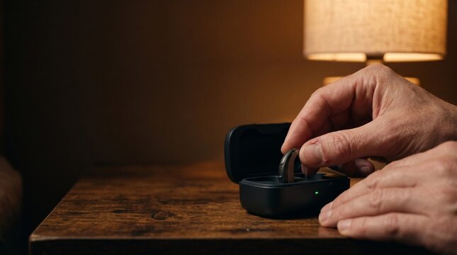 Close up of hands placing a modern BTE hearing aid into a sleek charging case on a bedside table