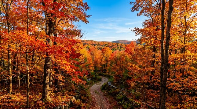 Winding dirt road through vibrant autumn forest