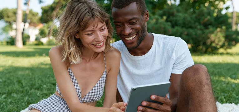 In a bright park setting, a happy multicultural couple enjoys a video chat on a tablet, radiating connection and joy.