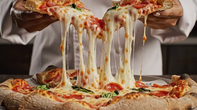 Close Up Of Chef's Hands Lifting A Slice Of Hot Pizza With Melting Cheese And Fresh Toppings In Rustic Kitchen Background