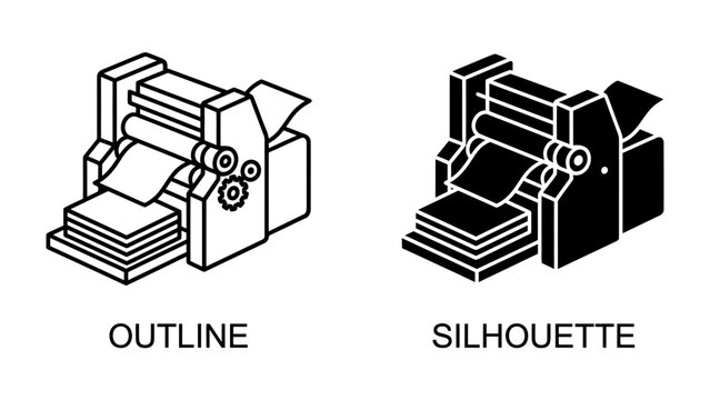 Printing Press Icon: Two isometric icons of a printing press machine, one in outline and the other as a silhouette, representing the process of printing and publishing.