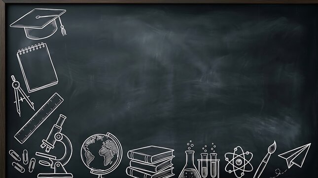 Educational background with hand drawn school supplies and icons on a black chalkboard texture for back to school