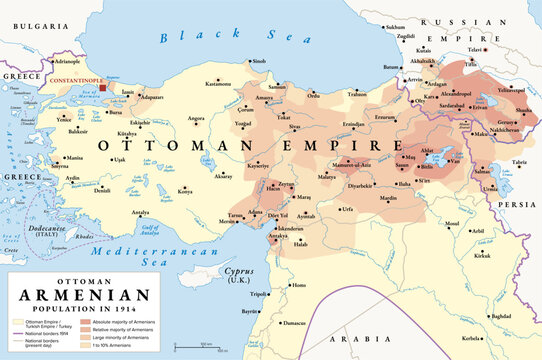 Ottoman Armenian population in the year 1914, history map. Demographic distribution and settlement areas of a significant minority in the Ottoman Empire, showing different levels of density. Vector