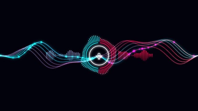 Interactive digital voice assistant audio waveform a sleek digital visualization with a central microphone icon representing interaction artificial intelligence smart technology
