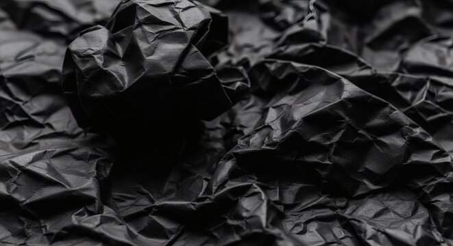 A visually striking textured surface composed of deeply crumpled dark material presenting an intriguing array of shadows and folds suitable for creative design projects and artistic expressions