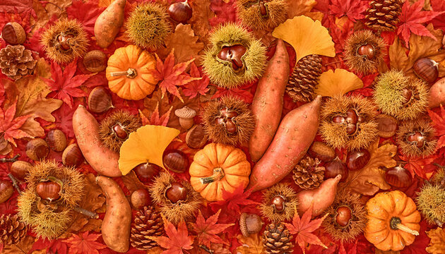 Seamless Autumn Harvest Pattern with Fall Leaves, Sweet Potatoes, Chestnuts and Pumpkins