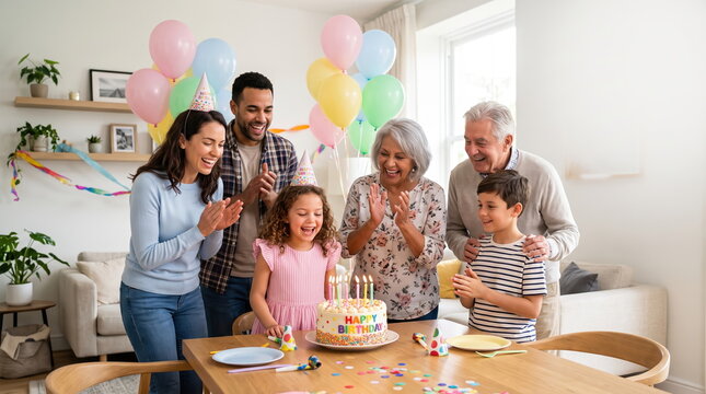 Family celebrating a joyful birthday party with cake and decorations