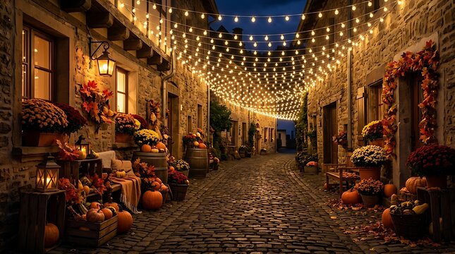 Cobblestone street decorated with autumn pumpkins and string lights