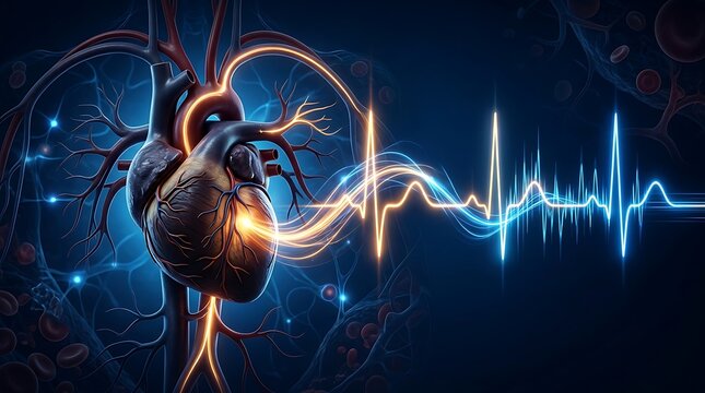 Medical visualization of a human heart with glowing heartbeat pulse