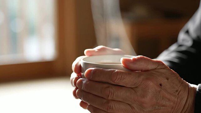 Close-Up Of Hands Holding A Warm Cup During A Quiet Self-Care Moment With Rising Steam Suggesting Comfort And Tranquility