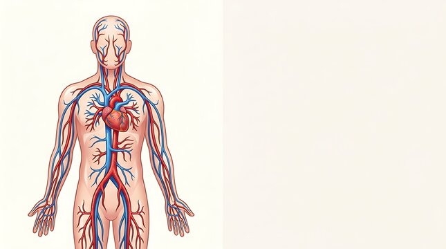 Human circulatory system showing heart and blood vessels with copyspace