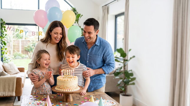 Family Celebrating a Birthday with Cake and Balloons
