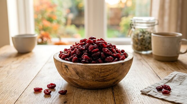 Dried cranberries in a wooden bowl on a rustic kitchen table