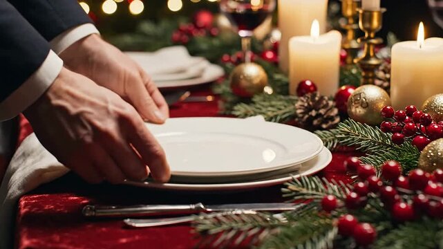 Close-Up Of Hands Setting A Beautifully Decorated Christmas Dinner Table With Fine China Plates And Festive Decorations Among Candles And Ornaments