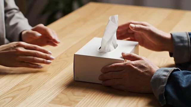 Close-Up Of Therapist Hands Offering A Tissue Box On A Clean Wooden Table During A Supportive Conversation