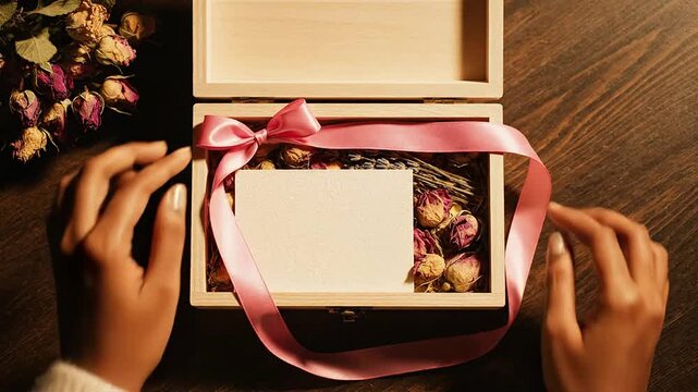 Close-Up Scene of Hands Gently Placing Satin Ribbon on a Memory Box Filled with Flowers Symbolizing Love and Remembrance