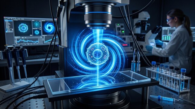 Advanced laser microscope rotates living cells in 3D hologram. Cutting-edge biotech lab visualizes cellular structures with high-tech imaging.