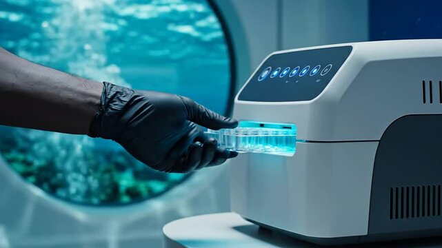 Close-Up Shot of a Researcher's Hand Placing a Sample Tray into Advanced Biotechnology Equipment with an Aquarium Background
