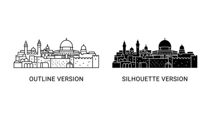 Jerusalem Skyline: A striking outline and silhouette depiction of the iconic Jerusalem skyline, showcasing its historic architecture and domed structures in two contrasting styles. © Md