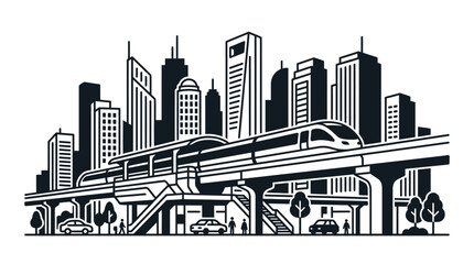 Fototapeta premium Modern City Skyline with Monorail Vector Illustration