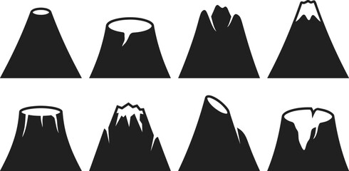 Collection of black volcano silhouettes with diverse crater shapes and mountain vector designs © Hello World