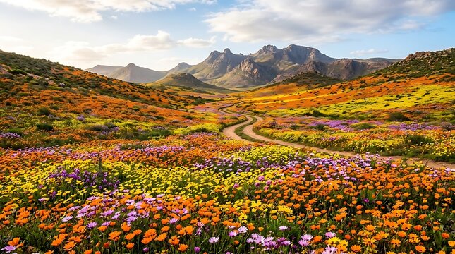 Colorful wildflower fields in a mountain landscape with winding road