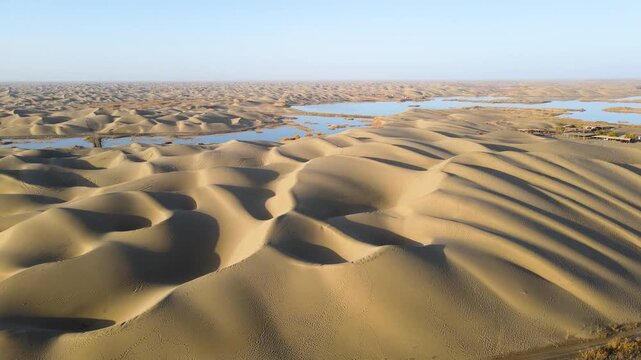 Autumn Aerial View of Desert Lake and Populus Euphratica Forest at Lop Nur Village, Yuli, Xinjiang, China