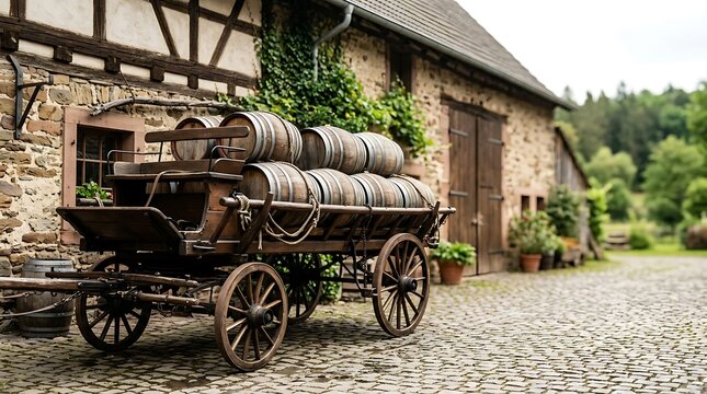 Antique wooden wagon loaded with barrels in a rustic courtyard