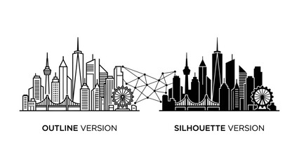 Cityscape Duo: A striking comparison of two distinct city skyline representations, one an outline drawing and the other a black silhouette, connected by a geometric network. © Mamun