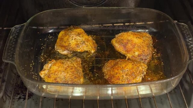 Seasoned chicken thighs roasting in glass baking dish inside oven