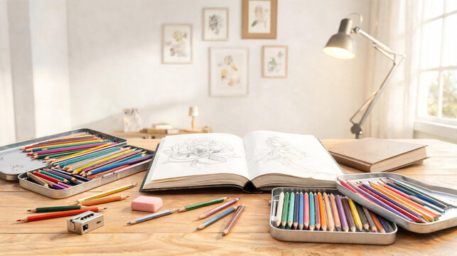 Open sketchbook with pencil drawing on wooden desk surrounded by colored pencils in tin boxes sharpener eraser lamp artwork, colored pencils, artist desk