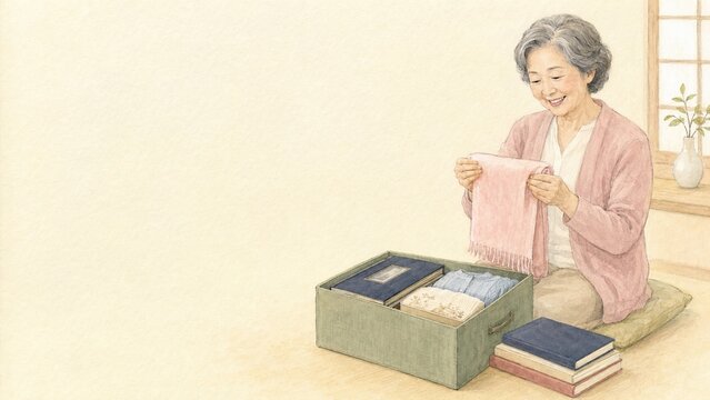 Senior Japanese woman decluttering clothes and keepsakes for end-of-life organizing