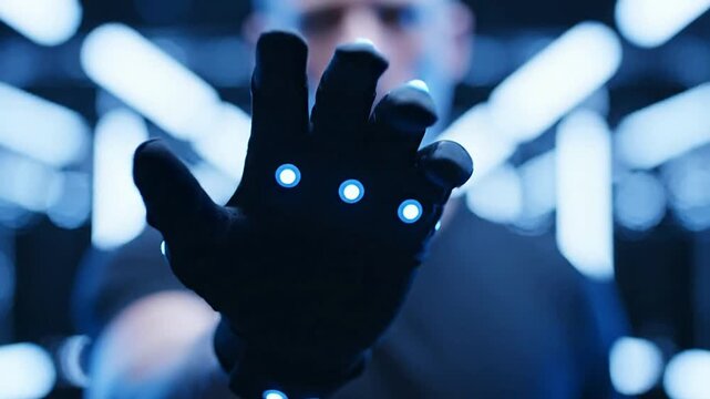 Close-Up View Of A Motion Capture Performer's Gloved Hand In A High-Tech Studio With Illuminated Background