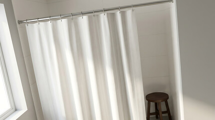 Fototapeta premium Minimalist White Shower Curtain Partially Drawn Revealing a Wooden Stool in a Brightly Lit Bathroom