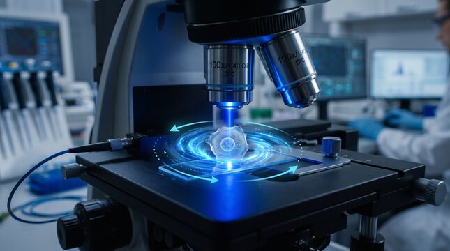 Scientist examining biological cell under high-tech microscope. Lab researcher analyzing specimen with advanced digital imaging equipment.