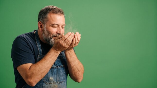 Mature man with a beard holding cupped hands full of freshly roasted coffee beans up to his nose and inhaling the rich aroma with eyes closed, isolated on a green screen backdrop for coffee shop ads.