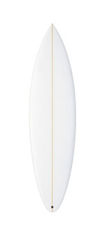 Clean white surfboard with a single golden stringer detail and black leash plug